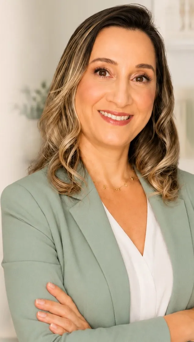 Dra. Andréia Rorato, fisioterapeuta, sorrindo de braços cruzados